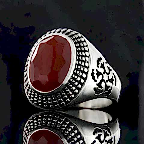 925 Ayar Gümüş Kenar Motifli Kırmızı Akik Erkek Yüzük