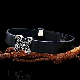 925 Ayar Gümüş Motif M Harfi Deri Bileklik