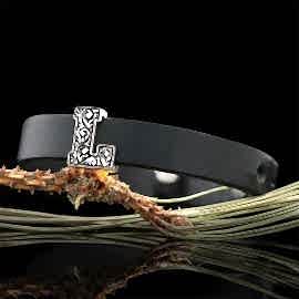 925 Ayar Gümüş Motifli L Harfi Deri Bileklik