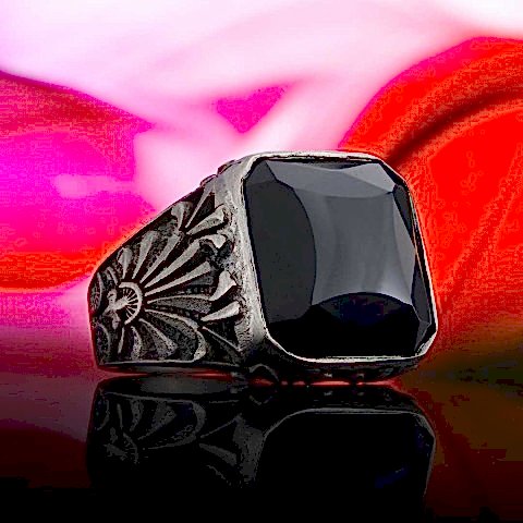 925 Ayar Gümüş Motifli Oniks Yüzük, Oniks Erkek Yüzük, Siyah Akik Yüzük