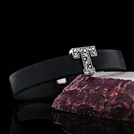 925 Ayar Gümüş Motifli T Harfi Deri Bileklik