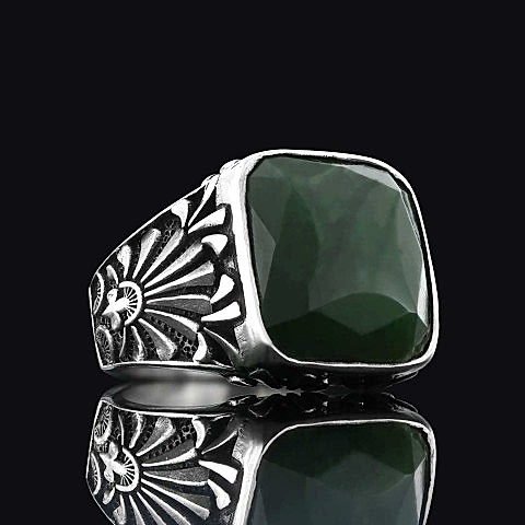 925 Ayar Gümüş Motifli Yeşim Taşlı Yüzük, Yeşim Taşlı Erkek Yüzük