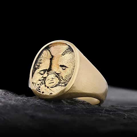 925 Ayar Gümüş Özel Tasarım El Yapımı Oval Fotoğraflı Aile Yüzüğü