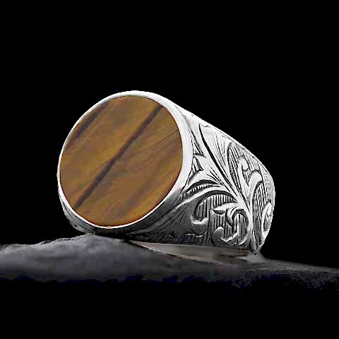 925 Ayar Gümüş Özel Tasarım Kaplan Gözü Taşlı Yüzük, Kaplan Gözü Yüzük, Gümüş Erkek Kaplan Gözü Yüzük