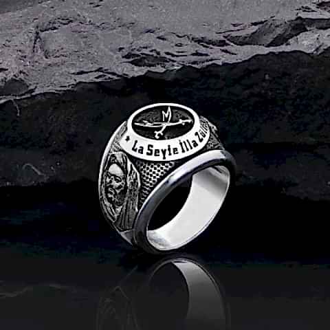 925 Ayar Gümüş Özel Üretim Hz. Ali Zülfikar Kılıçlı Erkek Yüzük