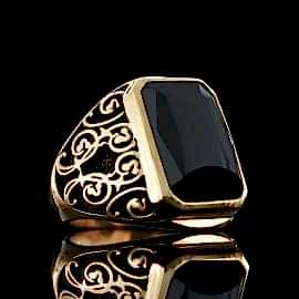 Floral Desenli Oniks Taşlı 925 Ayar Gümüş Erkek Yüzük