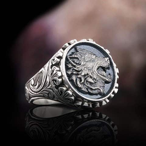 925 Ayar Gümüş Motifli Kurt Yüzük, Kurt Erkek Yüzük, Kurt Erkek Yüzük