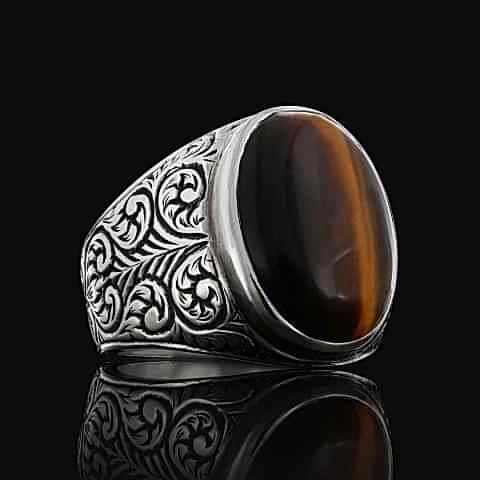 925 Ayar Kaplan Gözü Taşlı Erkek Gümüş Yüzük, Kaplan Gözü Taşlı Yüzük