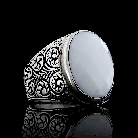 925 Ayar Motifli Sedef Taşlı Erkek Gümüş Yüzük, Sedef Yüzük