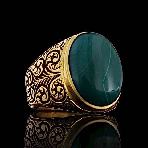 925 Ayar Motifli Yeşil Akik Taşlı Erkek Gümüş Yüzük, Yeşil Akik Yüzük