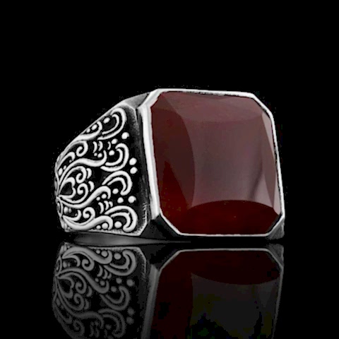 Akik Taşlı İşlemeli Özel Tasarım Gümüş Erkek Yüzük, Kırmızı Akik TaşlıYüzük