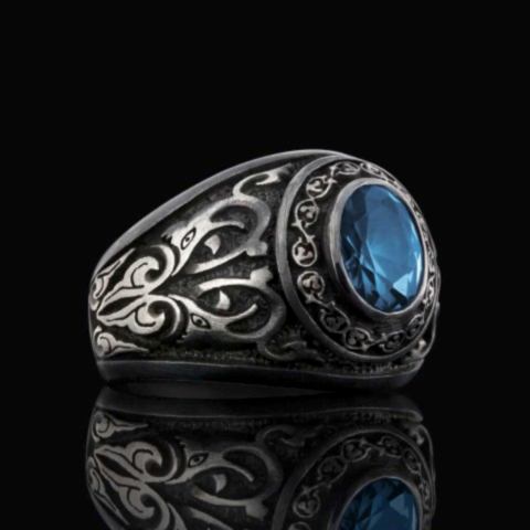 Akuamarin Taşlı Gümüş Motifli Erkek Yüzük, Akuamarin Taşlı Erkek Yüzük