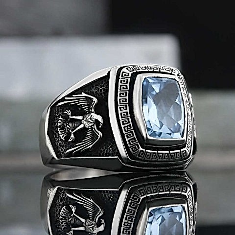 Akuamarin Taşlı Özel Tasarım Kartal Sembollü Gümüş Yüzük, Akuamarin Taşlı Yüzük