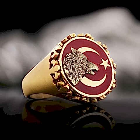 Alfa Kurt Ay Yıldız Yüzük, Kişiye Özel Üretim Bozkurt Ay Yıldız Yüzük, 925 Ayar Gümüş Ay Yıldız Ulu Kurt Erkek Yüzük