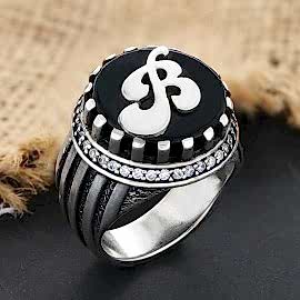 Harfli Oniks Taşlı Erkek Gümüş Yüzük