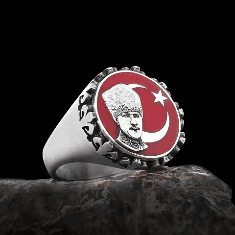 Atatürk Ay Yıldız Yüzük, Kişiye Özel Üretim Atatürk Ay Yıldız Yüzük, 925 Ayar Gümüş Ay Yıldız Atatürk Erkek Yüzük