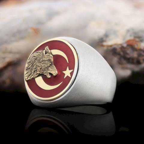 Ay Yıldız Alfa Kurt Figürlü Yuvarlak Yüzük, Özel Tasarım Gümüş Ay Yıldız Bozkurt Yüzük, Gümüş Ay Yıldız Bozkurt Yüzük