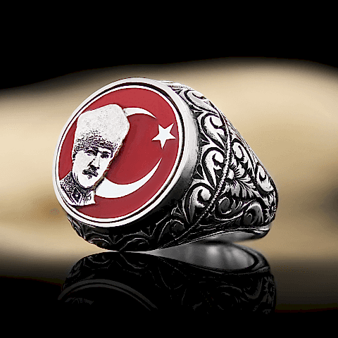 Ay Yıldız Atatürk Yüzük, Özel Tasarım Yanları Motifli Ay Yıldız Atatürk Yüzük, Gümüş Ay Yıldız Atatürk Yüzük