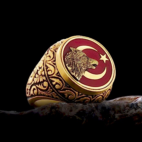 Ay Yıldız Bozkurt Yüzük, Özel Tasarım Yanları Motifli Ay Yıldız Ulu Bozkurt Yüzük, Gümüş Ay Yıldız Yalnız Kurt Yüzük