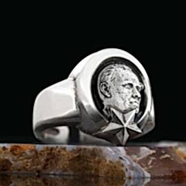 Ay Yıldız İçinde Atatürk Silüet Gümüş Yüzük