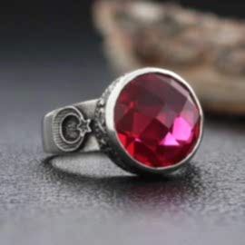 Pembe Spinal Taşlı Ay Yıldız 925 Ayar Gümüş Yüzük, Gümüş Erkek Taşlı Yüzük