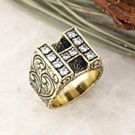 Gümüş Taşlı Motifli Monogram H Harfli Yüzük