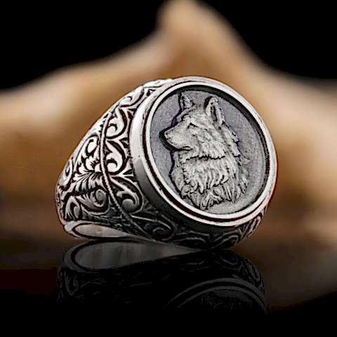 Bozkurt Yüzük, Özel Tasarım Yanları Motifli Ulu Bozkurt Yüzük, Gümüş Yalnız Kurt Yüzük