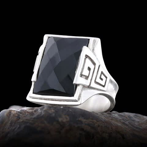 Dikdörtgen Kesim Oniks Taşlı Gümüş Yüzük, Siyah Akik Yüzük