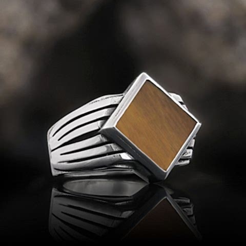 Doğal Kaplan Gözü Taşlı Yüzük, Kaplan Gözü Yüzük, Gümüş Erkek Kaplan Gözü Yüzük