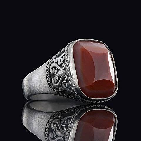 Doğal Kırmızı Akik Taşıyla Gümüş Yüzük, El Yapımı Kırmızı Akik Yüzük
