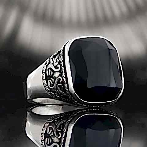 Doğal Oniks Taşıyla Gümüş Yüzük, El Yapımı Oniks Yüzük, Siyah Akik Yüzük