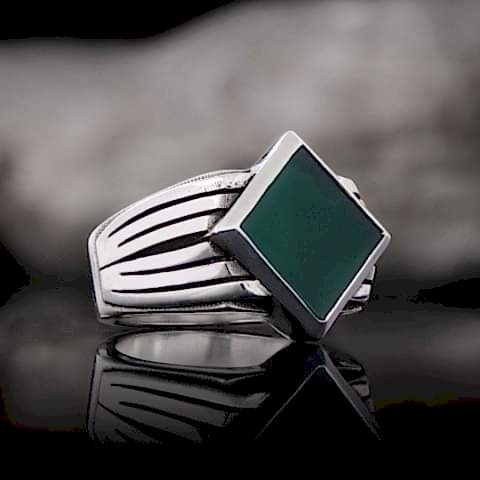 Doğal Yeşil Akik Taşlı Yüzük, 925 Ayar Gümüş Yeşil Akik Yüzük, Gümüş Erkek Yeşil Akik Yüzük