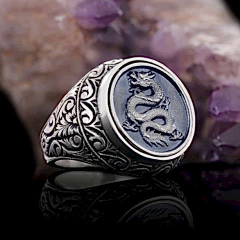 Ejderha Erkek Yüzük, Özel Tasarım Yanları Motifli Ejderha Yüzük, Gümüş Ejderha Yüzük