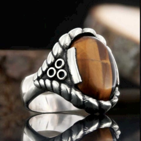 Erkekler İçin Kaplan Gözü Taşlı Minimal Yüzük, Kaplan Gözü Gümüş Yüzük