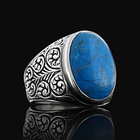 Firuze Taşlı Erkek Gümüş Yüzük, Özel Tasarım Firuze Taşlı Erkek Yüzük