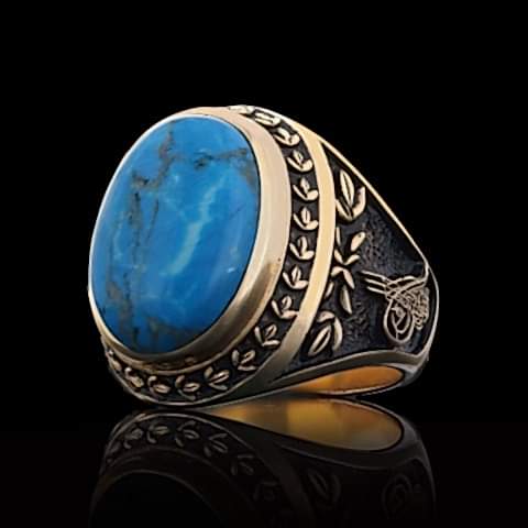 Firuze Taşlı Gümüş Osmanlı Yüzük, Osmanlı Tuğralı Devlet Armalı Gümüş Erkek Yüzük