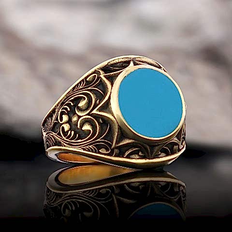 Firuze Yüzük, Gümüş Erkek Firuze Taşlı Yüzük, Firuze Taşlı 925 Ayar Gümüş Yüzük