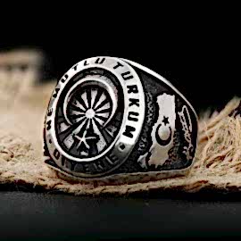 Oval Taşsız Göktürkçe Türk ve Türkiye Haritalı Logolu Gümüş Yüzük