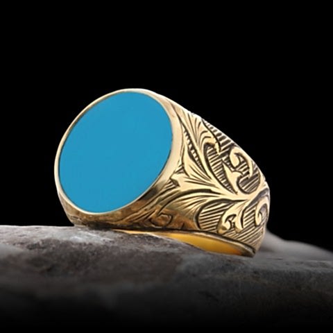 Gümüş Erkek Firuze Yüzük, Firuze Taşlı 925 Ayar Gümüş Yüzük, Firuze Yüzük