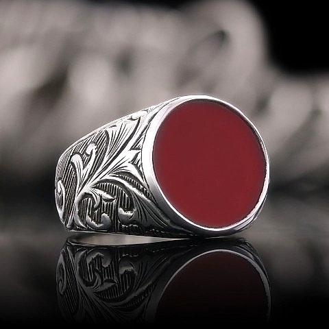 Gümüş Erkek Kırmızı Akik Yüzük, Kırmızı Akik Taşlı 925 Ayar Gümüş Yüzük, Kırmızı Akik Yüzük