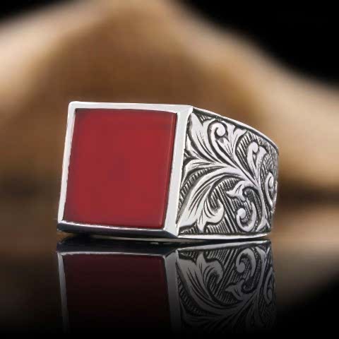 Gümüş Erkek Kırmızı Akik Yüzük, Kırmızı Akik Taşlı 925 Ayar Gümüş Yüzük, Kırmızı Akik Yüzük