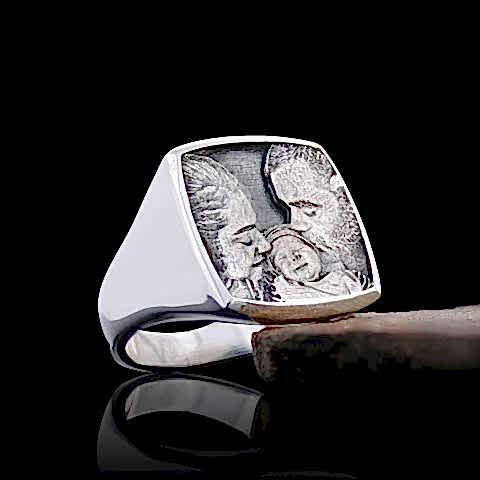 Gümüş Özel Tasarım El Yapımı Kare Fotoğraflı Aile Yüzüğü