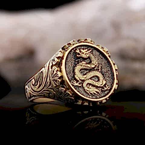 Gümüş&nbsp;Motifli Ejderha Yüzük, Ejderha Erkek Yüzük, 925 Ayar  Gümüş Ejderha Erkek Yüzük