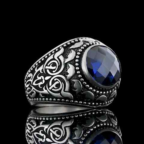 Her Tarza Uyan Safir Taşlı Yüzük Modelleri, Safir Taşlı Özel Tasarım Motifli Erkek Yüzük, Erkek Motifli Gümüş Yüzük