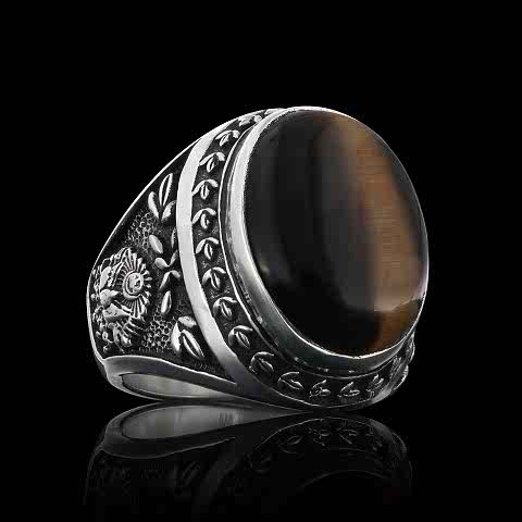 Kaplan Gözü Taşlı Gümüş Osmanlı Tuğralı - Devlet Armalı Erkek Yüzük