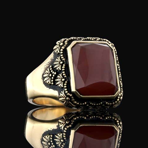 Kare Doğal Kırmızı Akik Taşlı Desenli Gümüş Yüzük, Gümüş Erkek Akik Yüzük