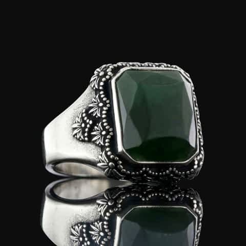 Kare Doğal Yeşim Taşlı Desenli Gümüş Yüzük, Gümüş Erkek Yeşim Taşlı Yüzük