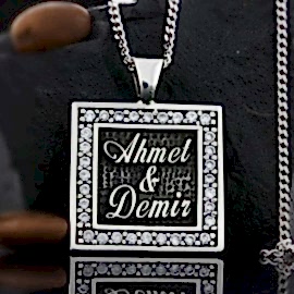 Kare Taşlı Gümüş İki İsimli Kolye