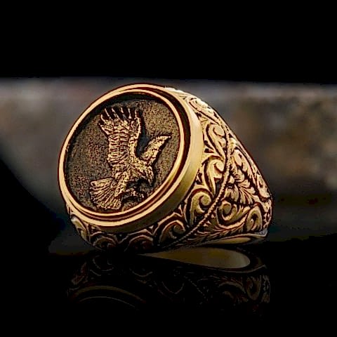 Kartal Figürlü Erkek Yüzük, Özel Tasarım Yanları Motifli Kartal Yüzük, Gümüş Kartal Yüzük