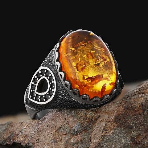 Kehribar Doğal Taşlı 925 Ayar Oval Gümüş Erkek Yüzük, Kehribar Yüzük